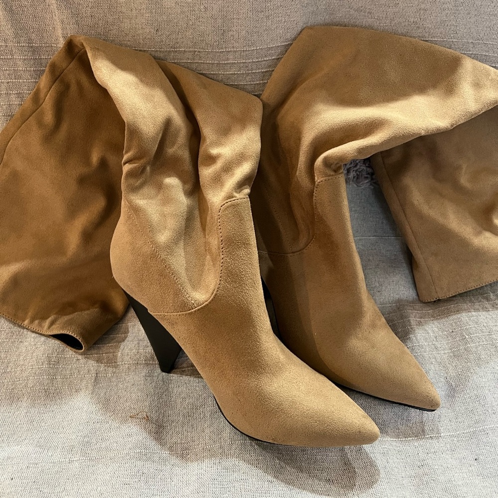 Indigo Rd thigh high tan heeled boots